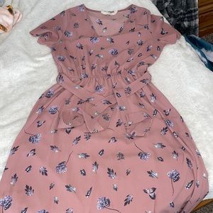 midi length dress, pink with purple flowers